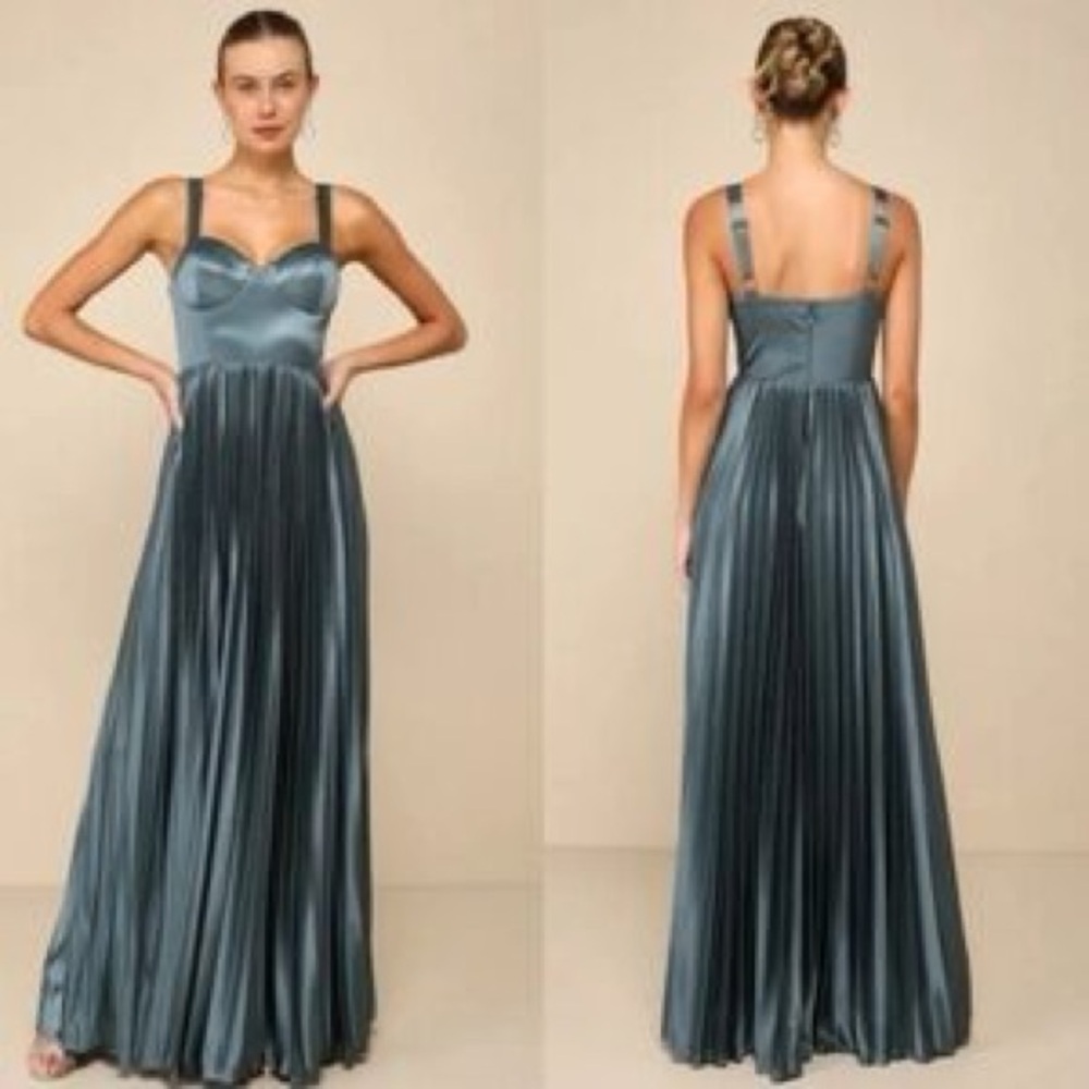 🆕Lulus Luxurious Flair Blue Grey Satin Pleated Bustier Maxi Dress Sz XS